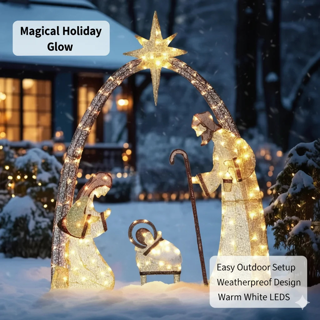Outdoor Lighting Effects - 5,5FT kerststal buitendecor met LED-verlichting, waterdicht